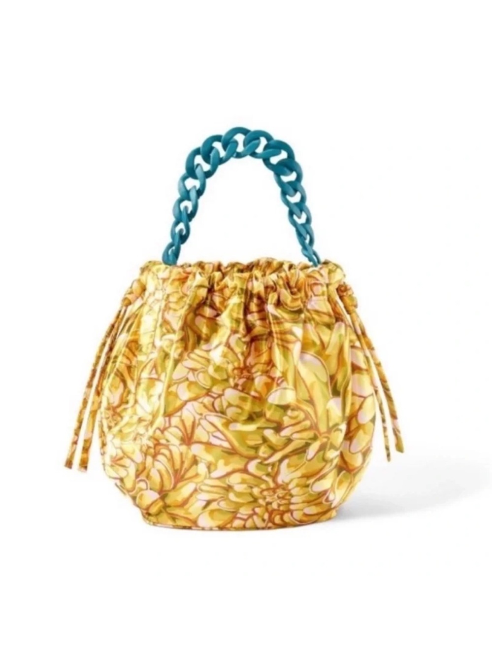 Kika Vargas x Target Satin Yellow Floral Drawstring Bucket Bag Teal Chain Handle